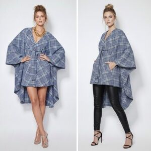 RtA Karlie Plaid Wool Blend Poncho Cape Coat Dress Blue Gray Italian Fabric M/L